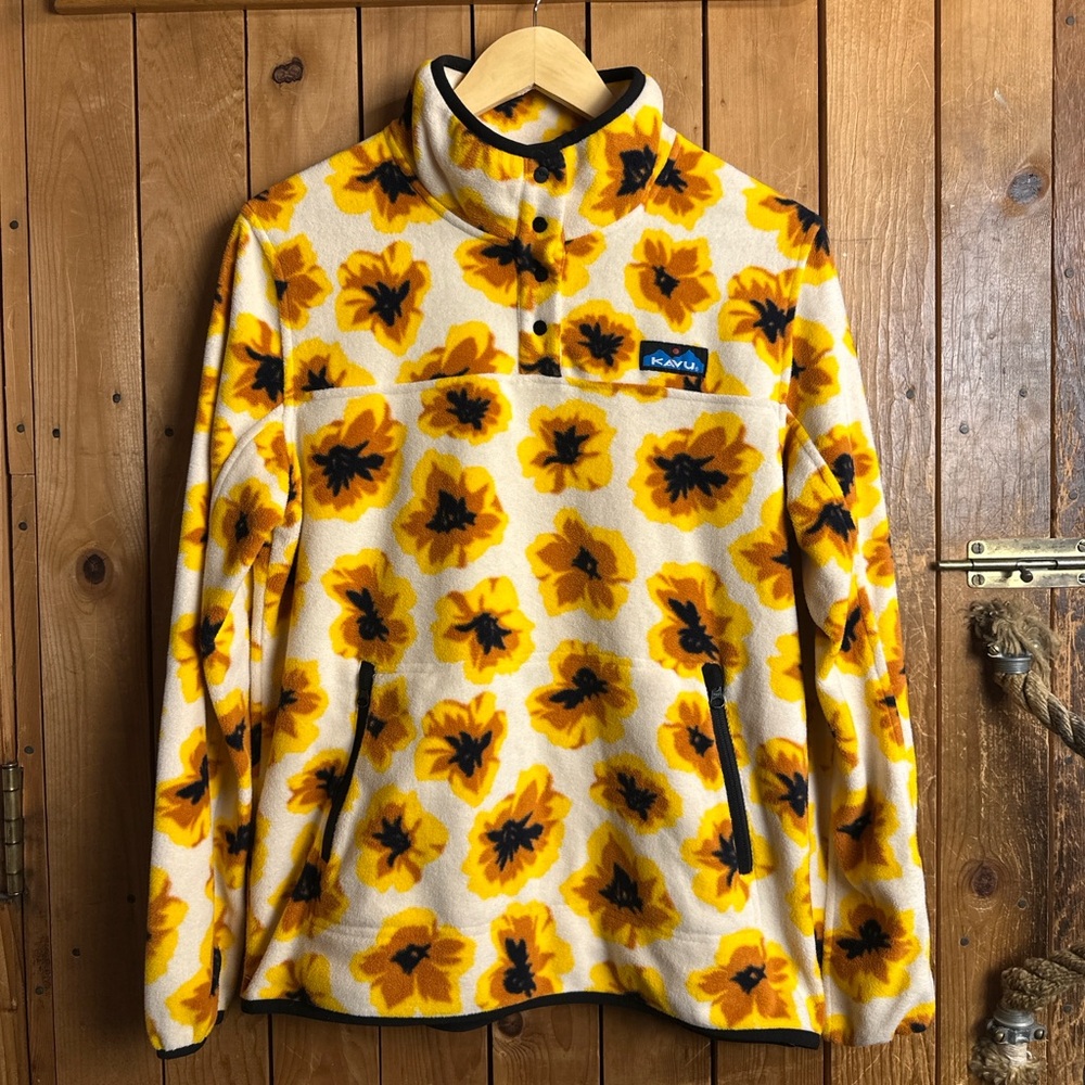 Kavu Cavanaugh Yellow and Black Floral Snap Fleece Pullover Women’s Medium